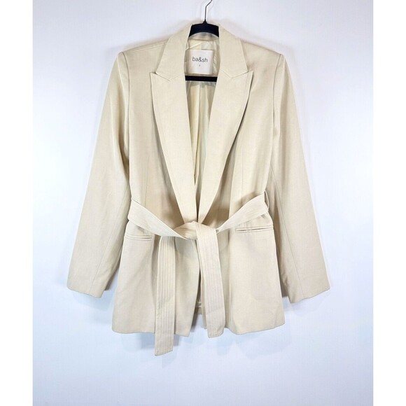 NWT ba&sh Blazer Beige Abby Jacket Belted Peak Lapel Long Sleeve 3 US Large - Picture 2 of 11